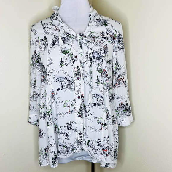 Anthropologie Maeve Swing Blouse SMALL Toile Novelty Tie Neck 3/4 Sleeve Button - Picture 2 of 12